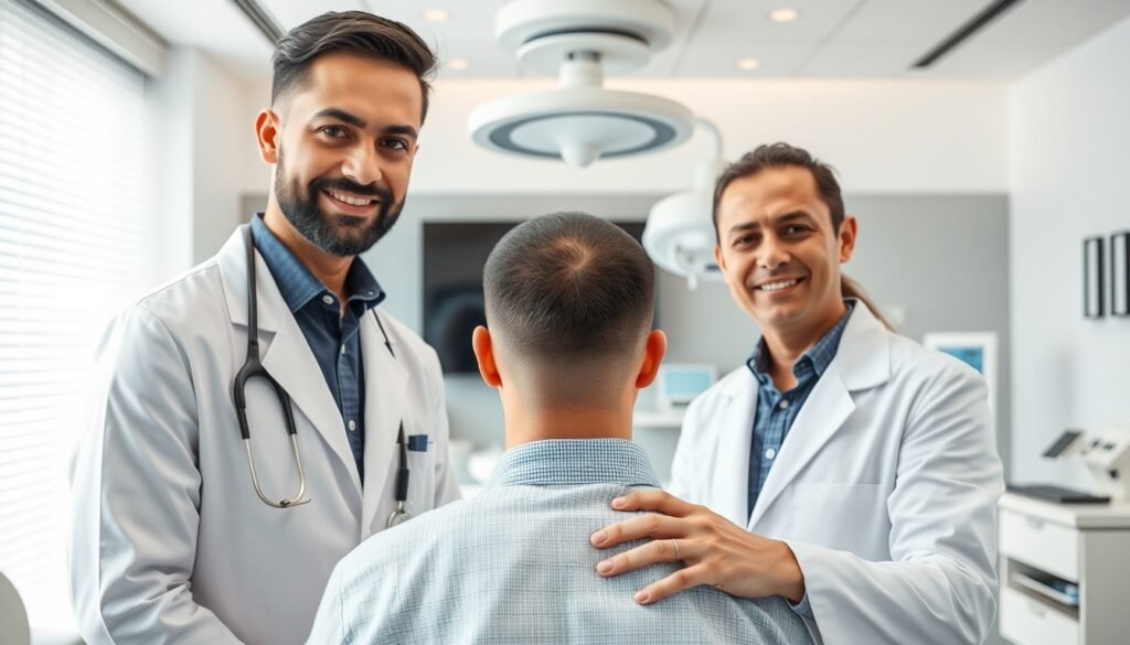 Expert Hair Transplant doctors consulting with a patient during a hair restoration procedure in a modern clinic